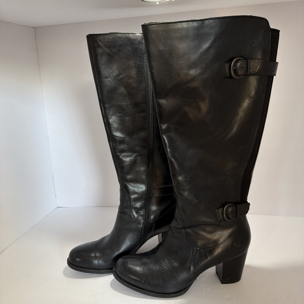 BORN size 8 1/2 or 40  black leather tall knee high calf buckle boots  8.5 - Picture 4 of 11